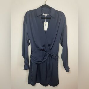 Ramy Brook Navy Jaymie Satin Faux Wrap Mini Dress Size 0 NWT